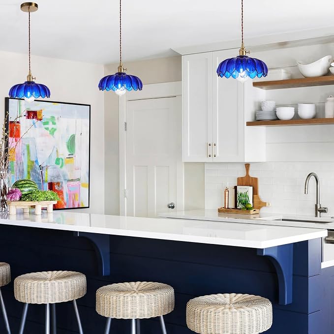 XZHGCEE Pendant Lights Kitchen Island:Vintage Blue Pendant Light Fixtures Glass Small Pendant Light Dining Room, Blue Hanging Lamps for Living Room, Schoolhouse, Entryway, Foyer, E26