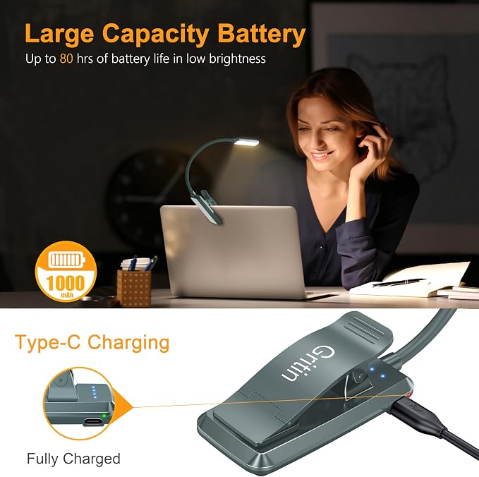 Gritin 9 LED Rechargeable Book Light for Reading in Bed | Eye Caring 3 Color Temps,Stepless Dimming Brightness,80 Hrs Runtime Small Lightweight Clip On Book Reading Light-Pacific Blue