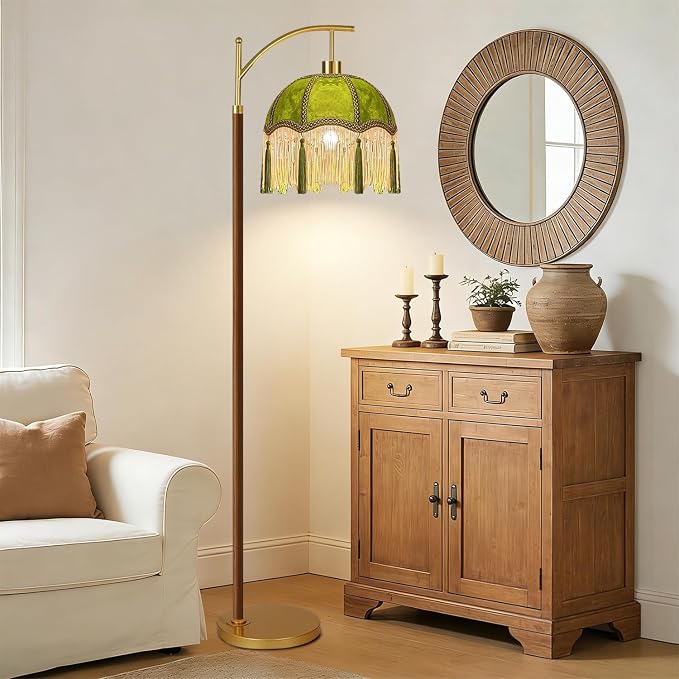 ILLMTW Green Floor Lamp for Living Room,Bedroom,Fringe Standing Lamp with Remote Dimmable,Victorian Mid Century Gold Arc Tall Lamp Boho Vintage Retro Wood Tassel Flower Unique Lamp Tiffany Decor