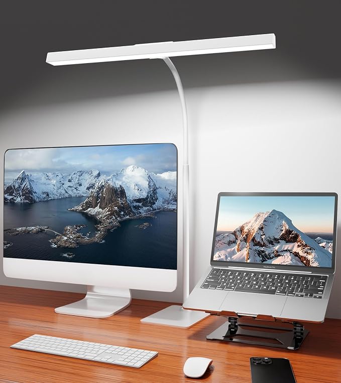 LED Desk Lamp for Home Office with Base, Eye-Caring Desk Light 12W | Tall Lamp for Computer Monitor Task Reading, Adjustable Gooseneck, 5 Dimmable Brightness & Color, Touch Control, Timer