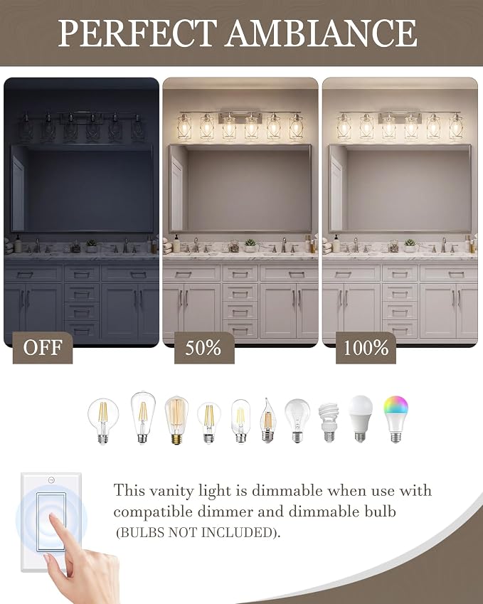 6-Light Brushed Nickel Bathroom Light Fixtures Over Mirror, 42" UL-Listed Modern Wall Sconce Lights with Clear Glass and Metal Cage for Bath, Hardwire E26, CH9176BN-6W