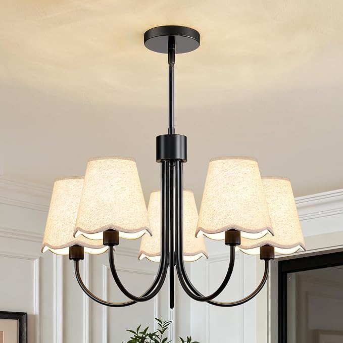 RUIYEY Modern Dining Room Chandelier - 20" 5-Light Black Chandeliers Light Fixture with Fabric Shades, Height Adjustable Mid-Century Pendant Lighting Over Table for Bedroom Living Room Kitchen Island