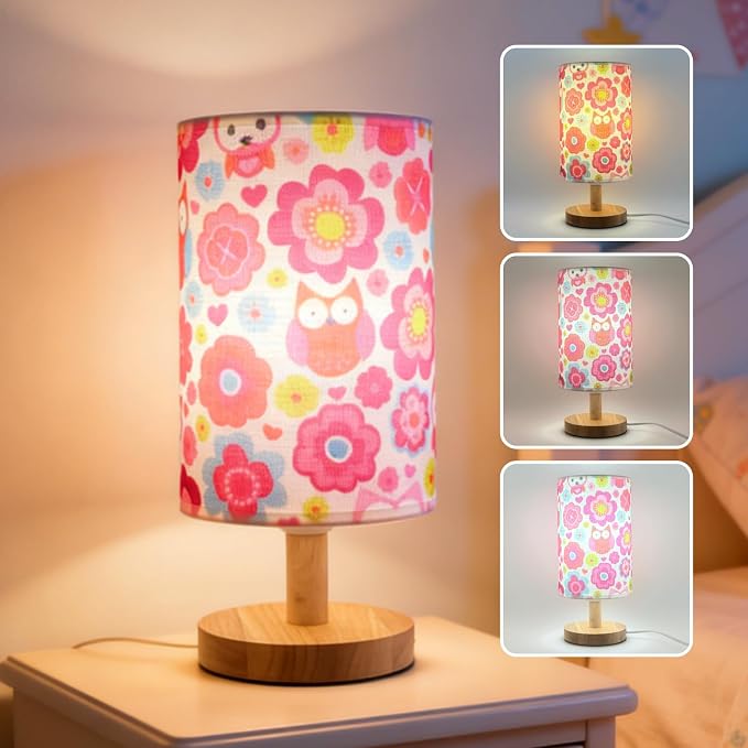 Owl Flower Kids Table Lamp for Bedroom Girls Bedsid Lamps,3-Way Dimmable Wood Base Nightstand Night Light with Cartoon Pattern Lampshade for Bedroom Living Kid Room Study for Kawaii Gift for Girls