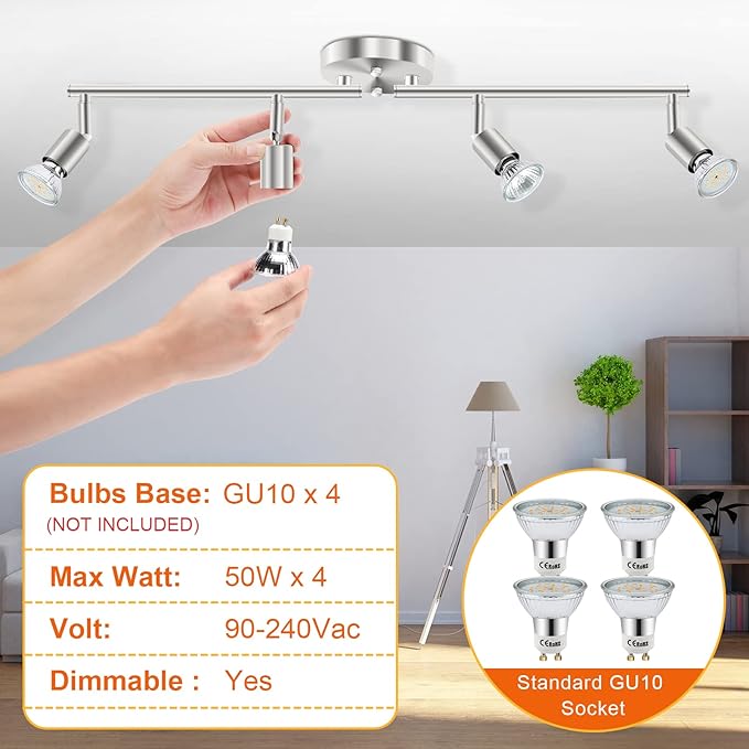 HURYEE Track Lighting Kit, 4 Head Foldable Ceiling Spot Light with GU10 Socket for Kitchen Hallyway Bedroom Fixture Directional Accent Lamp