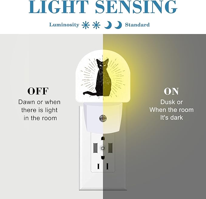 Hand Drawn Black Cat Night Light Plug into Wall with Dusk to Dawn Sensor Cute Nightlight for Kid Girls Boys Women Men Room Decor, Hallway, Kitchen, Bathroom, Nursery, Stairs