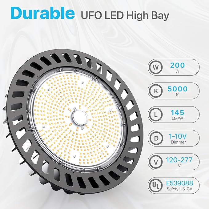 HYPERLITE 4Pack LED UFO High Bay Lights 250W 36,250lm 1-10V Dimmable 5000K 5' Cable with 110V Plug Hanging Hook Safe Rope UL Listed for Shopping Mall Stadium Exhibition Hall