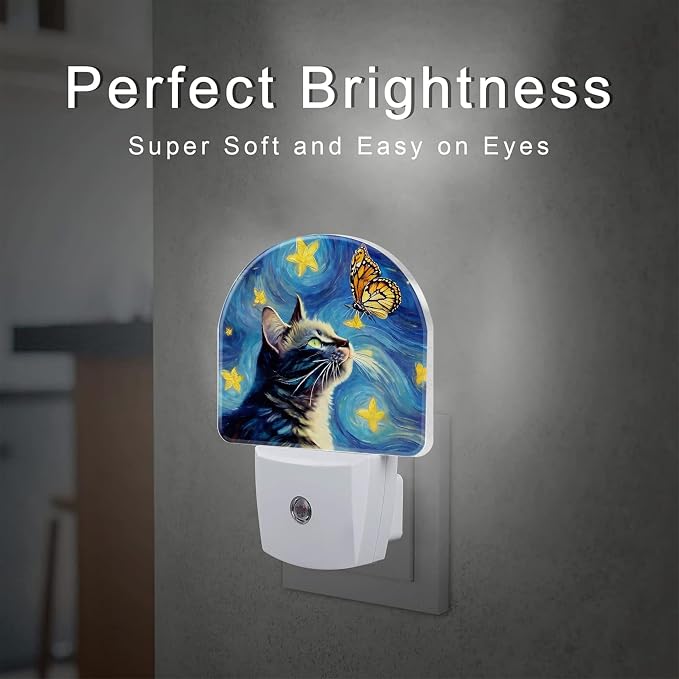 Cat and Butterfly Night Light for Kids, Starry Night Oil Painting Plug in Night Light with Dusk to Dawn Sensor, 0.5w Energy Saving Nightlight for Hallway Stairway Kitchen Bedroom