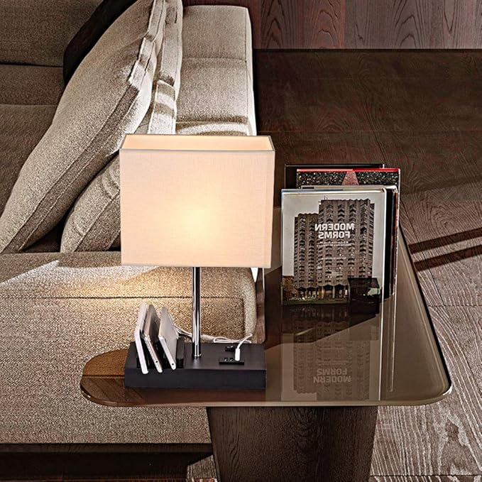 Briever Upgraded 3 USB Table Lamp with 2 USB A & C Charging Ports, Bedside Desk Lamp with 2 AC Outlets and Wooden Phone Stand Organizer, Nightstand Lamp for Bedroom, Living Room, Office, Natural Wood