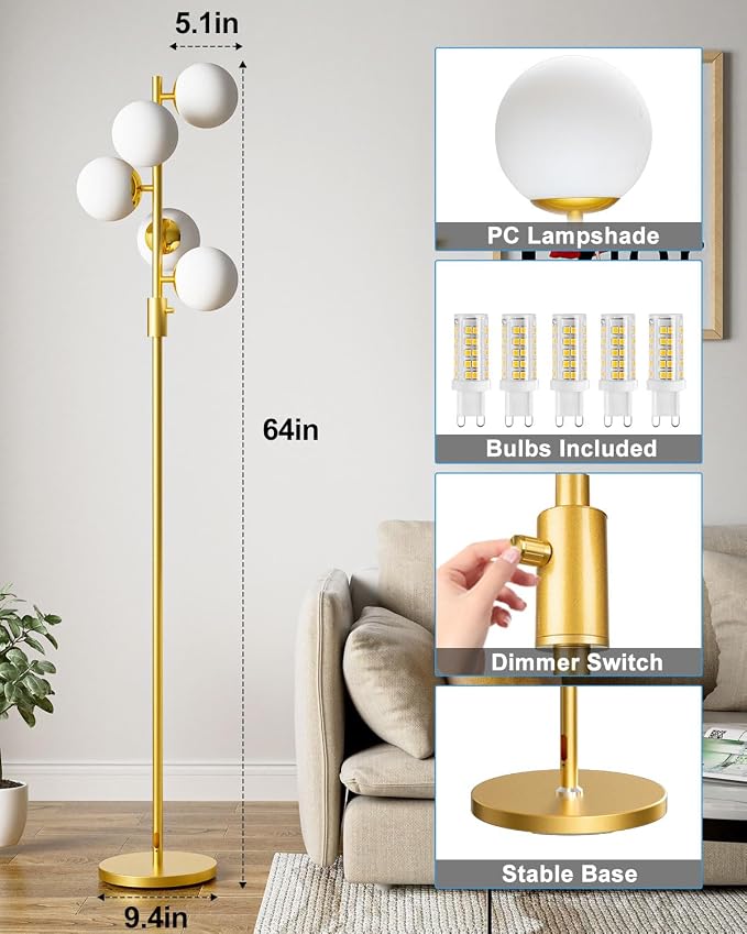 5 Light Modern Globe Floor Lamp Dimmable 64IN Tall Standing Lamps with 3000K Warm White Bulbs, Mid Century Gold Tree Floor Lamp for Living Room Bedroom Sofa Beside Home Decor