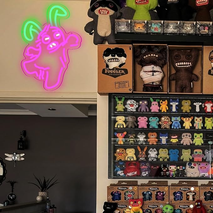 Funny Ugly Cute Monster Rabbit LED Neon Sign, USB Powered Pink Green Kawaii Bunny Neon Light for Wall Decor, Funny Cartoon Inspired Aesthetic Lamp for Kids Bedroom, Game Room, Gift for Fans