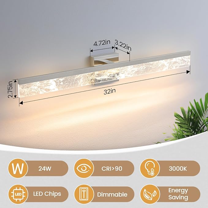 AIJIASI Bathroom Light Fixtures Over Mirror, 32 Inch Brushed Nickel Vanity Lights for Bathroom, 24W Dimmable LED Modern Vanity Lighting Fixtures for Living Room Paintings 3000K