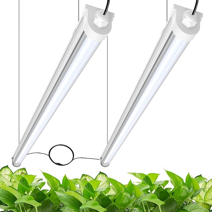 JESLED Waterproof T8 Grow Lights, 3FT 5000K Full Spectrum Daylight, 2Packs | 72W(2 X 36W), 450W Equivalent, V-Shaped Beam, On/Off Switch, Linkable Plant Light Strip for Greenhouse, Shelf, Indoor Outdoor