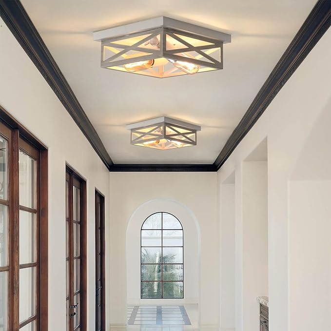 White Farmhouse Ceiling Light Fixtures, Industrial Kitchen Ceiling Fixture for Bedroom, 2-Light Rustic Metal Finish Farmhouse Flush Mount Ceiling Light,Square Cage Hallway Light