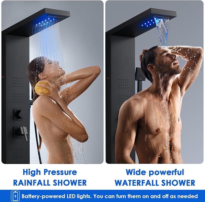 ROVOGO Shower Panel Tower System with Led Lights and 5 Shower Modes, 46.5" | Rainfall Waterfall Shower Head, 4 Body Jets, Handheld & Tub Spout, Stainless Steel Shower Column w/ Brass Valve, Matte Black