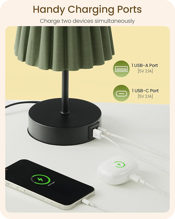 Small Bedside Table Lamps Set of 2, Touch Dimmable Table Lamps with USB Ports, Nightstand Lamps with 2 Stepless Dimming LED Bulbs, E26 Base, for Bedroom, Study, Black and Green J16TLP205
