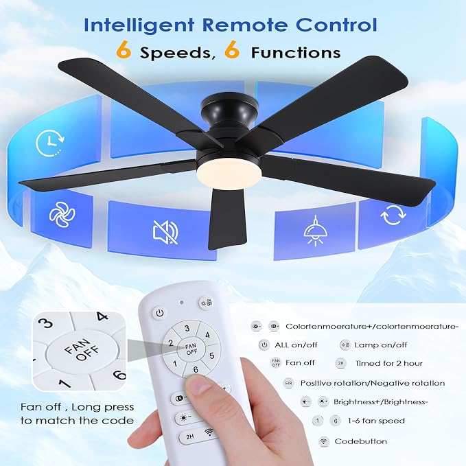 52 inch Ceiling Fans with Lights, Black Flush Mount Ceiling Fan with Remote, 3CCT, LED Dimmable, Reversible, 6 Fan Speeds, Quite Low Profile Ceiling Fan with Lights Modern Bedroom Kitchen Indoor