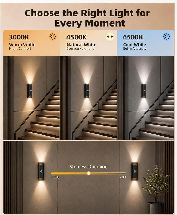 EZVALO Motion Sensor Wall Light with Remote Control, Rechargeable Wall Sconce, 3 Color Temps, Dimmable, Magnetic, LED Indoor Wireless Wall Lamp, 4000mAh, for Hallway, Stair, Entryway, Renters
