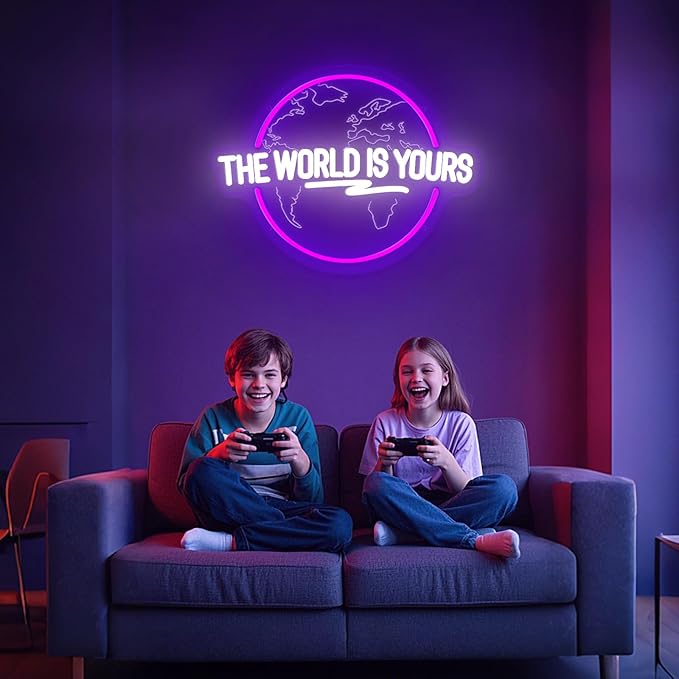 The World Is Yours Neon Sign Dimmable Carved Planet The World Is Yours LED Signs Purple Neon Sign for Bedroom Classroom Man Cave Game Room Birthday Christmas Gifts for Kids