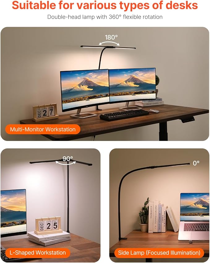 VEVOR LED Desk Lamp with Clamp, Double Head Architect Desk Lamp for Home Office, Eye-Caring Desk Light with 360° Adjustable Gooseneck, 50 Lighting Modes & Timer Function for Studying Working Drawing