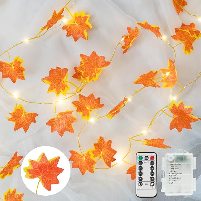 33FT 100 LED Maple Leaf String Lights Battery Operated Copper Wire | Vine with Fairy Lights with Remote,Dimmable Fall Garland with Lights for Bedroom,Wall,Thanksgiving Decor (Warm White)