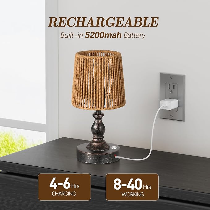 Mini Cordless LED Table Lamp, 5200mAh Rechargeable Battery Operated Lamp, 3-Level Brightness, Touch Dimmable Desk Lamp, Bedside Night Light with Rattan Shade, Oil Rubbed Bronze