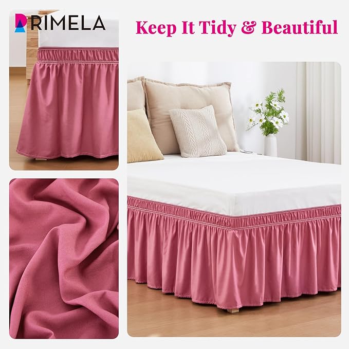 RIMELA Dusty Red Bed Skirt King Size 15 Inch Drop, Wrap Around Elastic Bedskirt, Dust Ruffle for Adjustable Bed Base Machine Washable Easy to Install Bed Skirts