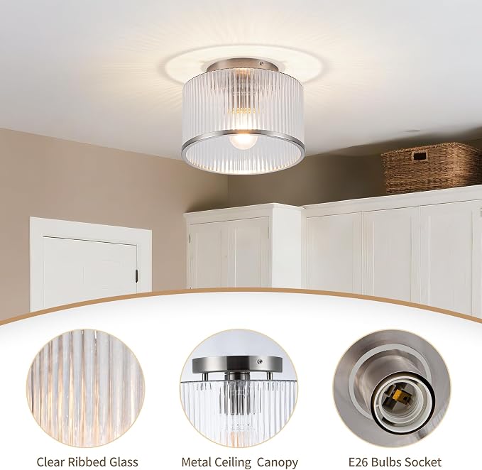MAYNA Modern Nickel Semi Flush Mount Ceiling Light Fixture, 1-Light Glass Ceiling Light, Hallway Light Fixtures Ceiling Mount for Kitchen Entryway Bedroom Laundry Room