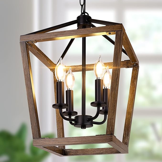 Farmhouse Chandelier Light Fixture for Kitchen Dining Room, 4-Light Rustic Pendant Hanging Ceiling Light Height Adjustable in Oak Wood Finish, Cage Lantern Lighting with E12 Base for Hallway Foyer | Industrial Kitchen Lantern chandelier Over Table, Pen...
