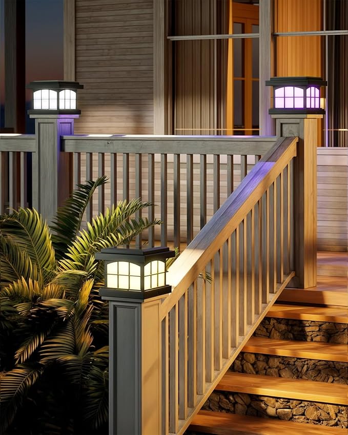 PARTPHONER RGBCW Solar Post Cap Lights 12-Pack, 9 Colors 3 Modes Fence Cap Lights, Bright Solar Outdoor Waterproof LED Deck Lighting for Fence Garden Deck Patio Porch Decor 4x4 Vinyl/Wood, Black