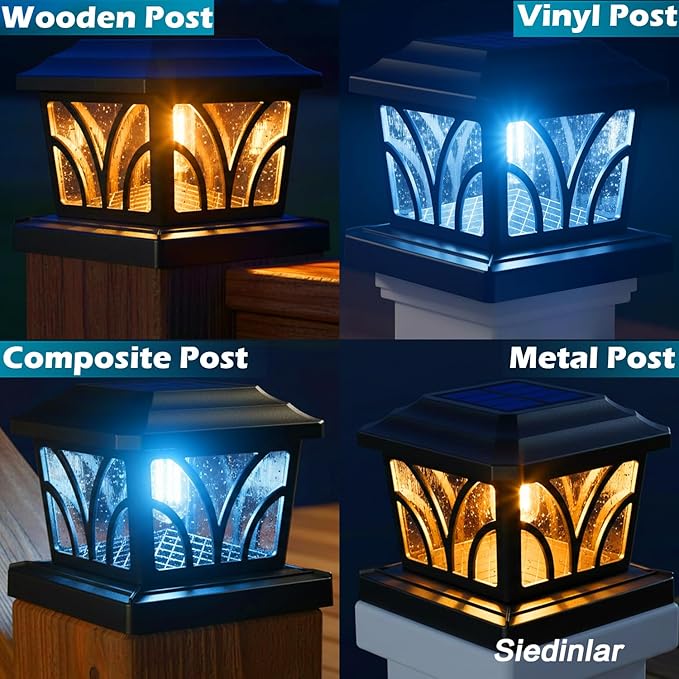 SIEDiNLAR Solar Post Cap Lights Outdoor, Aluminum Glass 2 Modes Edison LED Bulbs for 4x4 5x5 6x6 Wooden/Vinyl Posts Fence Deck Patio Decor, Warm White/Cool White Lighting 8 Pack (Black)