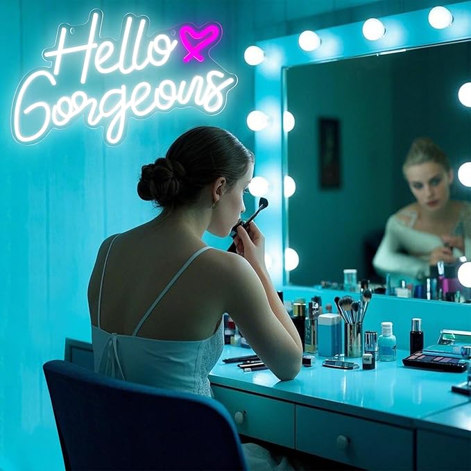 Hello Gorgeous Neon Signs Hello Beautiful LED Neon Lights Dimmable LED Light Sign for Home Wedding Birthday Backdrop Bacelorette Party Decoration, White