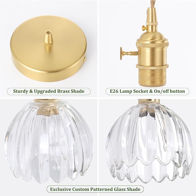 Pendant Light 2 Pack with Clear Tulip Glass Lmapshade, Brass Vintage Pendant Light Adjustable Hanging Light for Kitchen Island Dining Room Hallway