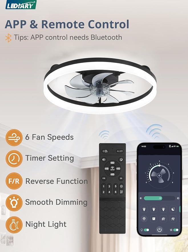 LEDIARY 20" Low Profile Ceiling Fans with Lights, APP & Remote, Black | Flush Mount, Dimmable LED, Quiet DC Motor, Reversible, 6 Speeds, Fandelier, for Bedroom