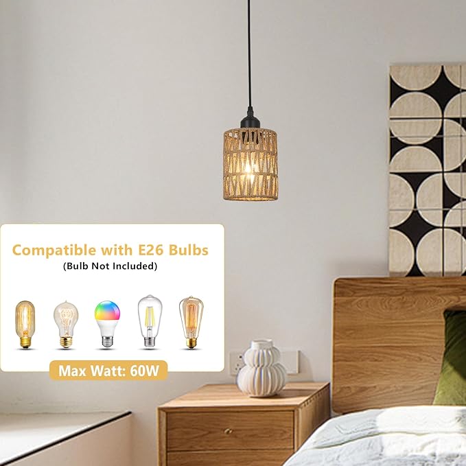 1-Light Rattan Pendant Lights, Boho Farmhouse Pendant Lighting with 4.7×5.9in Hand Woven Shade, Small Wicker Light Fixture Ceiling Hanging for Dining Room Kitchen, Height Adjustable up to 61in