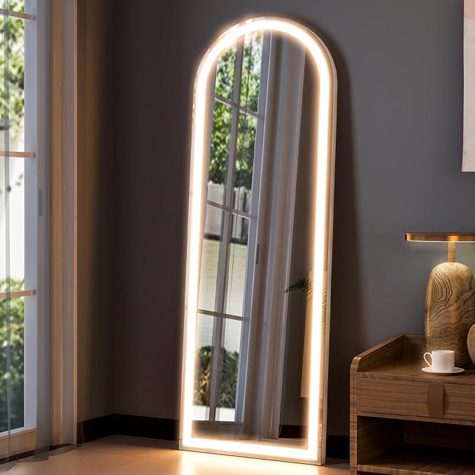 Arched LED Mirror Full Length Standing, 64"x21" Full Body Mirror | Lighted Floor Mirror with Stand, Dimmable & 3 Color Lighting, Wall Mounted Leaning Standing Mirror for Bedroom, Cloakroom