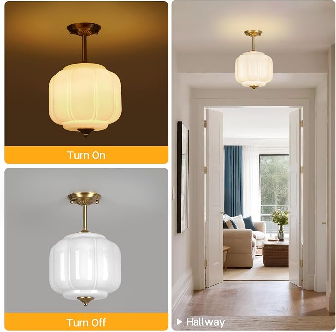 9.4" Milk Glass Semi Flush Mount Ceiling Light Fixture, Vintage Gold Ceiling Lamp for Hallway, Kitchen, Bedroom, Entryway, Antique Mid Century Lighting with Scallop Shade for Small Rooms
