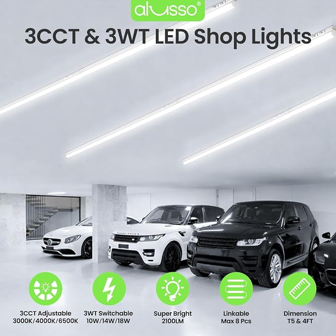 ALUSSO 10 Pack 4FT LED T5 Shop Lights – Linkable Integrated Fixture, 2100LM, 3‑Color Selectable, 3000K/4000K/6500K Adjustable Color Temperature, Corded Electric T5 Single Fixture for Garage/Workshop