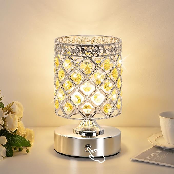 Yellow Crystal Rechargeable Cordless Table Lamp, Touch Small Desk Lamp | 6000mAh Battery, 3 Color Temps, Stepless Dimming, USB Charging, Portable Wireless Night Light for Bar Bedroom Living Room
