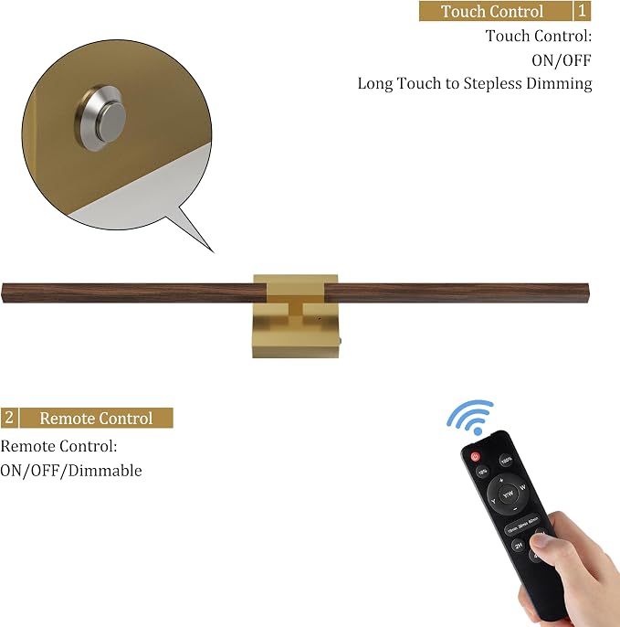 Rayogale Gold & Walnut Battery Operated Wall Sconce with Remote Control | 3000K-6000K Dimmable 8000mAh Wireless Rechargeable Wall Sconces Set of 2 with Timer for Living Room Bedroom Stairwell 32 Inch
