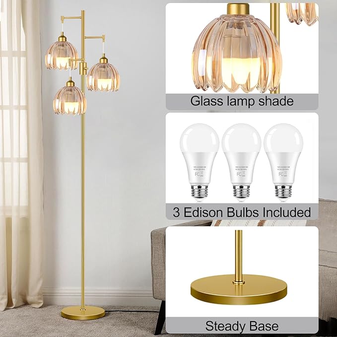 Dimmable Floor Lamps for Living Room-3 Light Gold Floor Lamp with Three Bulbs & Glass Lampshape, Mid Century Modern Standing Lamp Tree Tall Flower Floor Lamp for Bedroom Living Room,Corner