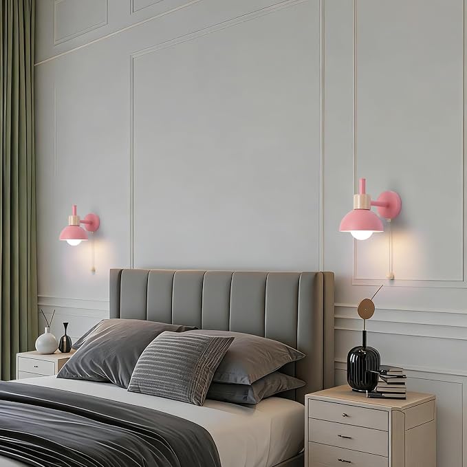 1-Light Nordic Bathroom Wall Sconce with Pull Chain Switch, Modern Vanity Wall Lamp, Bedside Wall Lights for Mirror Kitchen Living Room Hallway Cabinet Porch(Pink)