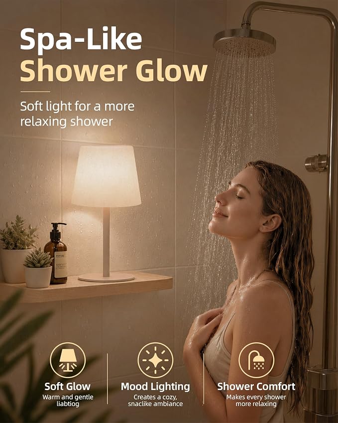 EZVALO IP65 Waterproof Shower Lamp –Spa-Like Bathroom Lamp, Rechargeable Cordless Mood Light, 3 Color Temps for Relaxing Bathroom & Bathtub Experience 1 Pack (Khaki)
