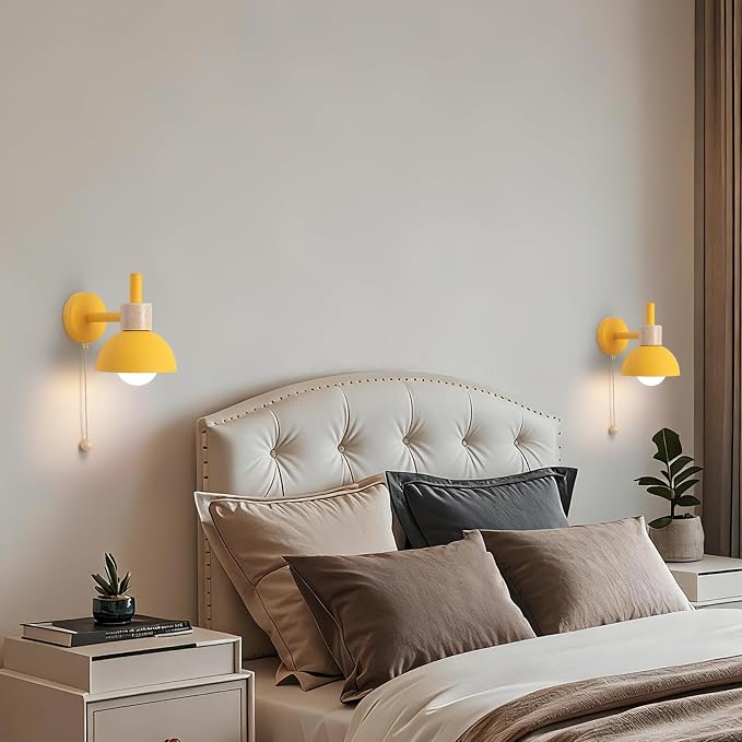 1-Light Nordic Bathroom Wall Sconce with Pull Chain Switch, Modern Vanity Wall Lamp, Bedside Wall Lights for Mirror Kitchen Living Room Hallway Cabinet Porch(Yellow)