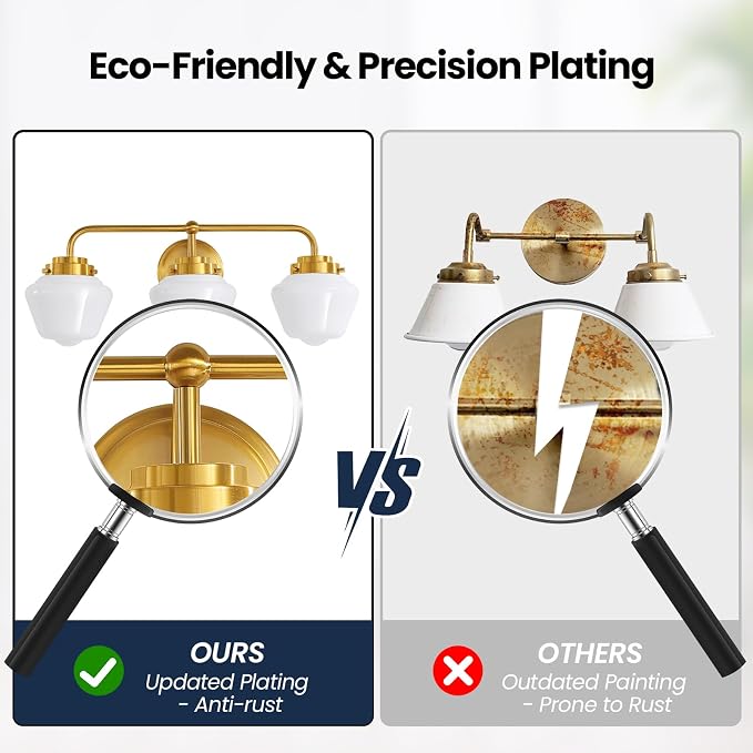 RUIYEY Bathroom Vanity Light Fixtures: 3-Lights Gold Vanity Lights Over Mirror, 17 Inch E26 60W Modern Bathroom Lighting Fixture with Milky White Glass for Bath Restroom