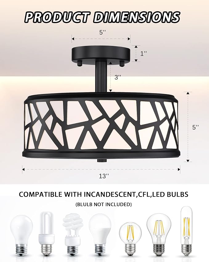 Farmhouse Semi Flush Mount Ceiling Light, 2-Light Black Metal Finish Ceiling Light Fixture, 13-Inch Light Fixture with Frosted Glass Shade for Hallway, Bedroom, Kitchen, Dining Room, Entryway