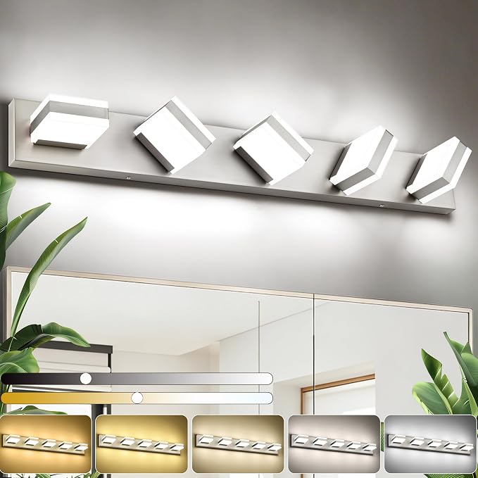 SOLFART Brushed Nickel Vanity Lights for Bathroom, 5 Color Temperature Bathroom Light, Light Fixtures Over Mirror, Modern LED Lighting Adjustable Color 5CCT