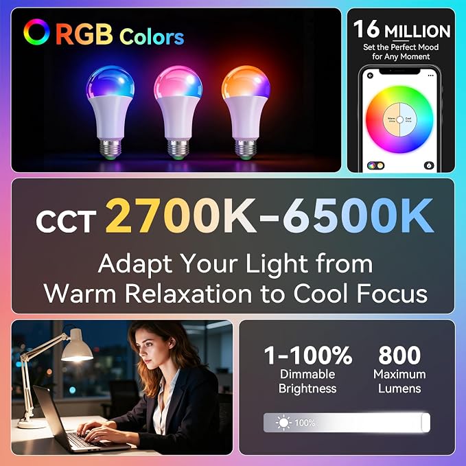 Auxmir A19 Smart Light Bulbs with Remote, RGB+CCT Color LED Bulbs, 2-Pack | E26, 9W 800LM 60W equivalent, works with Alexa and Google Assistant, Bluetooth, 2700K-6500K, music sync, no hub required