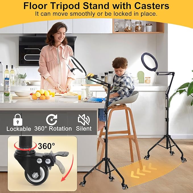 Yoobao 12" Ring Light with 81" Tripod Stand Folded Arm, Overhead Camera Mount Phone Holder with Casters, 3 Color Modes, LED Selfie Light for Video Recording Photography Live Streaming TikTok YouTube