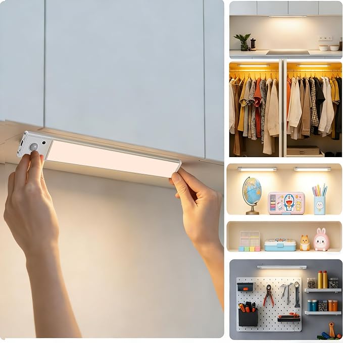 12 Inch Under Cabinet Lighting, 2 Pack USB-C Rechargeable Motion Sensor LED，Magnetic Wireless Mount,3 Color Temperature， Battery Powered for Kitchen, Wardrobe, Hallway, Stairs