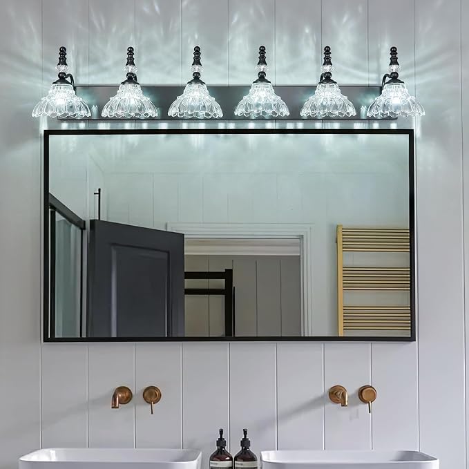Vintage Bathroom Vanity Light, 6-Light Black Vanity Lighting Fixture with Flower Glass Shade, Bathroom Lighting Fixtures Over Mirror